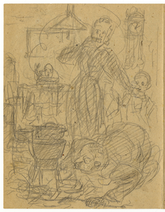 39743 Afbeelding van het moeizame koken op een kachel in de huiskamer tijdens de hongerwinter van 1944/45.